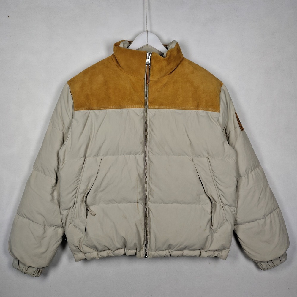 Timberland Mens Padded Puffer Jacket Beige Brown Suede Yoke Colorblock Medium